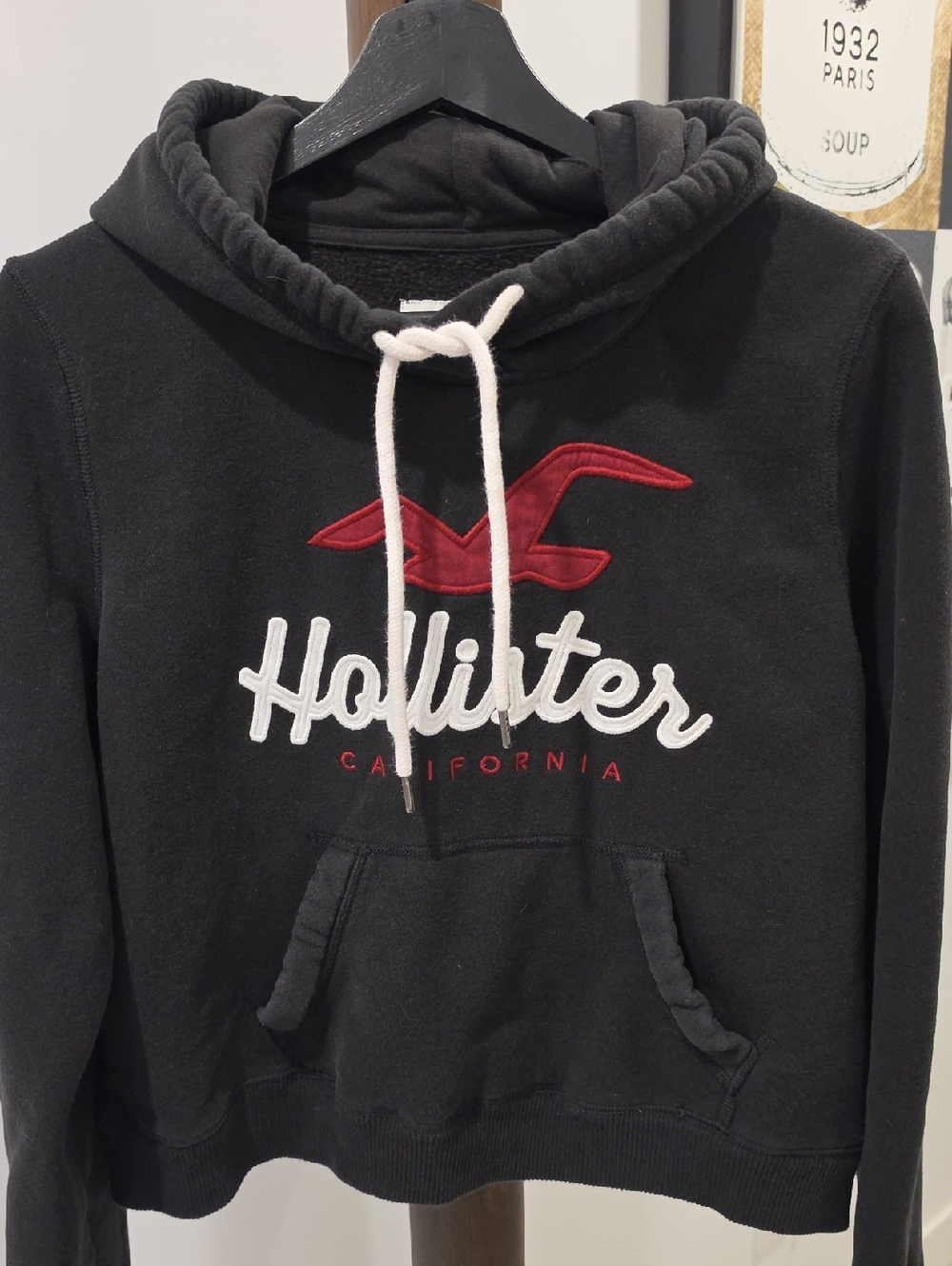 Hollister Black Crewneck Hoodie with Red Logo and White Script